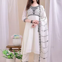 KALINI Floral Embroidered Thread Work Round Neck A-Line Kurta With Trousers & Dupatta-28