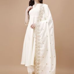 KALINI Floral Embroidered Zari Work Notched Neck Straight Kurta With Trousers & Dupatta-26