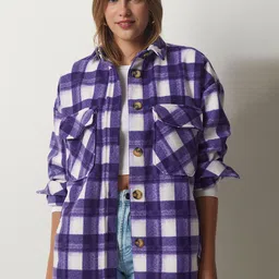 Happiness istanbul Women Checked Longline Tailored Jacket-image-92