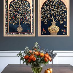 Kotart Beige & Navy Blue 2 Piece Floral and Botanical Wooden Wall Arts-picture-45