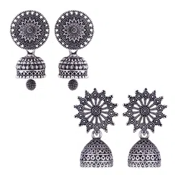 DIVASTRI Set Of 2 Silver-Plated Stones Studded and Beaded Floral Oxidised Jhumkas-49