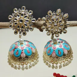 Soniya Crafts Gold-Plated Kundan Studded & Pearls Beaded Meenakari Dome Shaped Jhumkas-10
