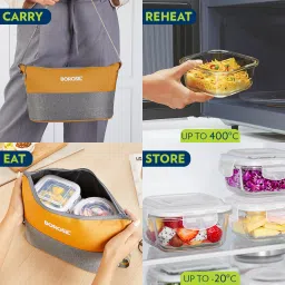 borosil Zest Daisy Glass Lunchbox, 4pc Container (320ml x 2 Square + 240ml x 2 Round) 4 Containers Lunch Box image 3