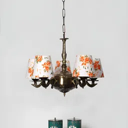 Devansh White Printed cotton shade with Antique Golden Chandelier Metal Ceiling Lamp-image-91