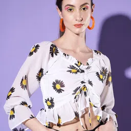BUY NEW TREND Floral Print Puff Sleeve Georgette Crop Top-image-54