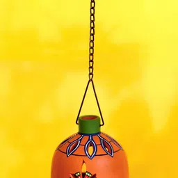 AAKRITI ART CREATIONS Pink Terracotta Printed Matki Hanging Tea Light-image-97