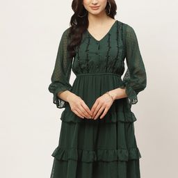 Antheaa Women Green Self Design Tiered A-Line Dress-26