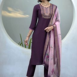 DIVASTRI Women Ethnic Motifs Embroidered Thread Work Kurta with Trousers & With Dupatta-picture-17