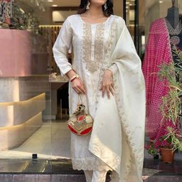 KAUTIK FABRICS Women Ethnic Motifs Embroidered Regular Thread Work Kurta with Trousers & With Dupatta-48