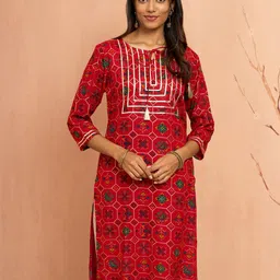 VASTRAMAY Ethnic Motifs Foil Printed Tie-Up Neck Gotta Patti Work Straight Kurta-picture-25