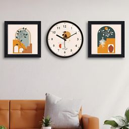 RANDOM 3 Pieces Off White & Mustard Abstract Printed Contemporary Wall Clock & Wall Arts-image-5