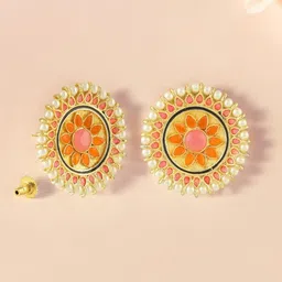 Anouk Cream And Orange Gold-Plated Rhinestone Enamel Circular Studs-20