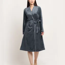 KLOTTHE Grey Solid Wool Bath Robe With Belt-4