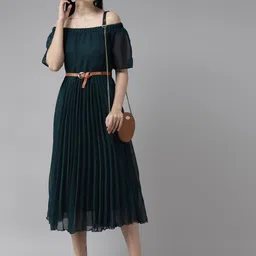 BAESD Striped Off-Shoulder Puff Sleeve Georgette A-Line Midi Dress-image-96