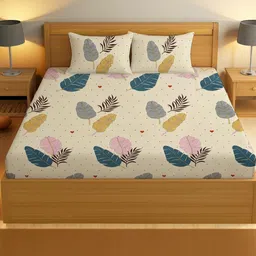 IVAZA Cream-Coloured Floral 330 TC Queen Bedsheet with 2 Pillow Covers-image-30