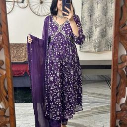 Royal Export V Neck Leheriya Printed Empire Kurta with Trouser & Dupatta-8