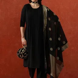 QSH Raw Silk Round Neck A-Line Kurta With Trousers & Dupatta-9