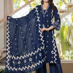 Pistaa Women Geometric Printed Pure Cotton A-Line Kurta with Palazzos & Dupatta-picture-0