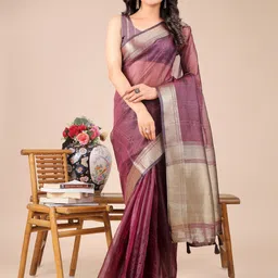 ALAGINI Striped Zari Broder Organza Saree-picture-0
