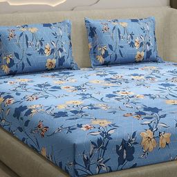 Monte Carlo Blue & Gold-Toned Printed Cotton 104 TC Queen Bedsheet Set 2.24 m x 2.54 m-picture-32