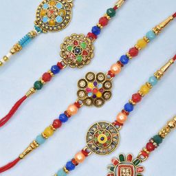 MEIRA JEWELLERY Set Of 5 Stones Studded & Beaded Rakhi Comes with Roli Chawal & Card-image-17