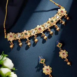 ASMITTA JEWELLERY Gold Plated Kundan Studded & Beaded Choker Necklace set-picture-36
