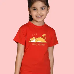 NUSYL Girls Hello Weekend & Cat Printed Round Neck Short Sleeves Regular Fit T-Shirt-image-14