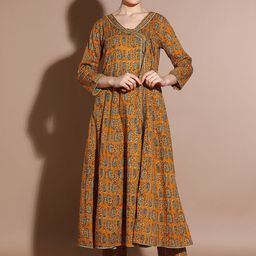 Anouk Mustard Floral Printed Thread Work Angrakha Pure Cotton Anarkali Kurta With Trouser-image-42