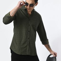 PEBCO Men Classic Spread Collar Geometric Printed Cotton Slim Fit Casual Shirt-image-105