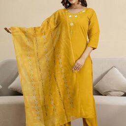 Trendmalls Women Chanderi Hand Work Kurta Pant with Dupatta-image-71