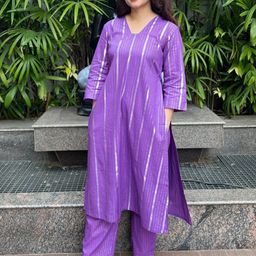 Rangreza Ethnic Women Striped V-Neck Regular Pure Cotton Straight Kurta with Trousers-image-108