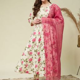 MOKOSH Women Pure Cotton Floral Printed Anarkali Kurta With Trouser & Dupatta-picture-44
