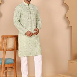 Jompers Men Ethnic Motifs Embroidered Regular Chikankari Pure Cotton Kurta with Pyjamas-picture-41