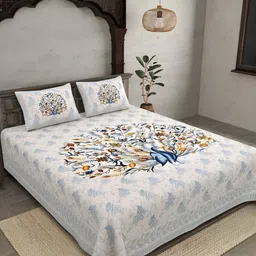 Bombay Spreads Off White & Blue Graphic Cotton 180 TC King Bedsheet Set 2.74 m X 2.20 m-image-28