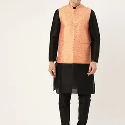 SOJANYA Men Black & Peach-Coloured Solid Kurta with Churidar & Nehru Jacket image 1