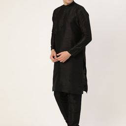 SOJANYA Men Black & Peach-Coloured Solid Kurta with Churidar & Nehru Jacket image 5