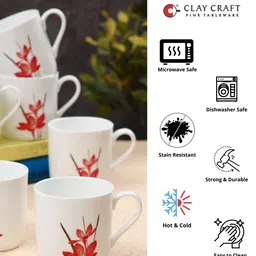 CLAY CRAFT White & Red 6 Pieces Floral Printed Ceramic Glossy Cups 180 ML Each image 3