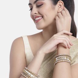Peora Set Of 10 White Gold-Plated Stone Studded Silk Thread Bangles image 2
