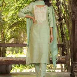OLECUTE Women Ethnic Motifs Embroidered Regular Aari Work Kurta with Trousers & Dupatta-picture-5