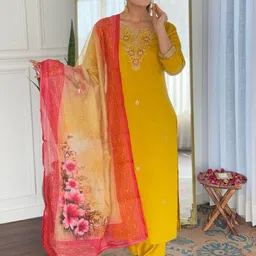 SHREE KHODAL FASHION Floral Embroidered Thread Work Kurta With Trousers And Dupatta-picture-29