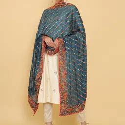 Soch Turquoise Blue & Red Paisley Embroidered Dupatta with Thread Work-7