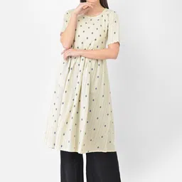 Span Women White Geometric Printed A-Line Cotton Kurta-picture-0