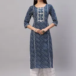 Stylum Women Blue & White Leheriya Striped Thread Work Kurta-16