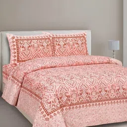 CLOTHOLOGY Peach-Coloured & White Ethnic Motifs 180 TC King Bedsheet with 2 Pillow Covers-7