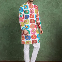 ODETTE Men Multicolor Rayon Printed and Embroidered Stitched Kurta image 2