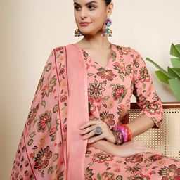 Anouk Rustic Floral Printed V-Neck Pure Cotton Straight Kurta With Trousers & Dupatta-picture-41