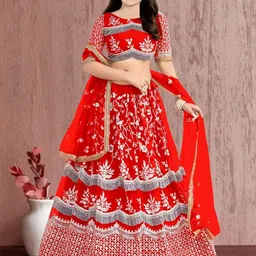 F Plus Fashion Girls Thread Work Semi-Stitched Lehenga & Unstitched Blouse With Dupatta-image-92