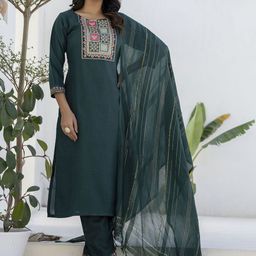 VredeVogel Women Floral Embroidered Straight Kurta with Trousers & Dupatta-picture-53