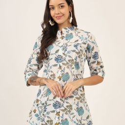 BAESD Floral Print Mandarin Collar Roll-Up Sleeves Ethnic Cotton Top-image-65
