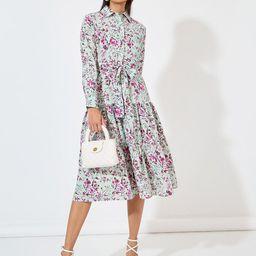 Styli Blue Floral Printed Shirt Collar Puffed Sleeves Tiered A-Line Midi Dress-image-81